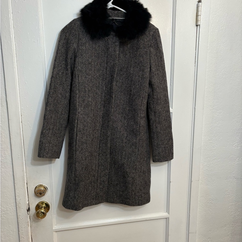 Banana Republic Wool Blend Herringbone Coat with Faux Fur Collar